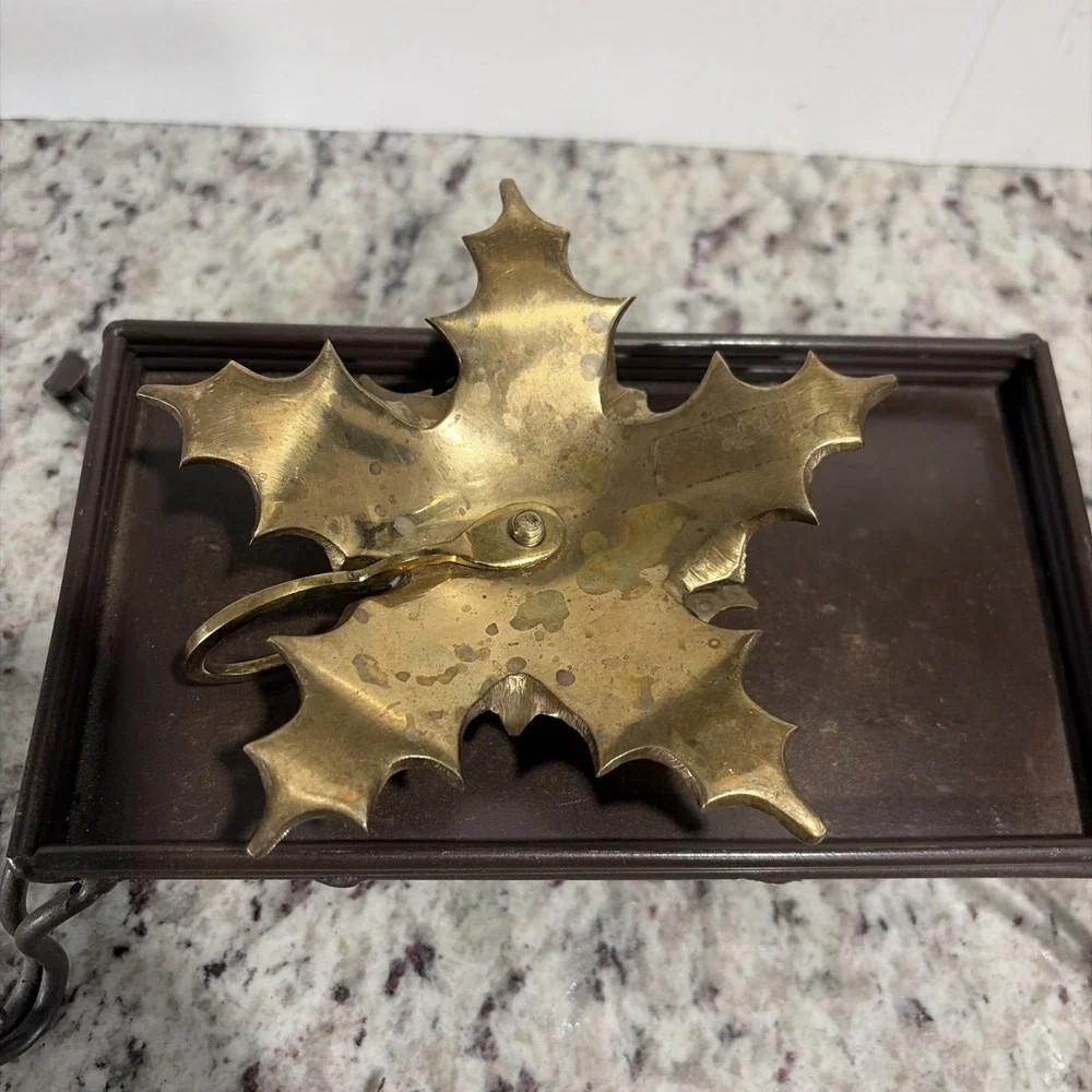 Vintage Brass Holly Leaf Chamber Candlestick Holder Red Berry Christmas India